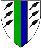 Argent, a pale per pale vert and azure between six pens bendwise sinister sable.